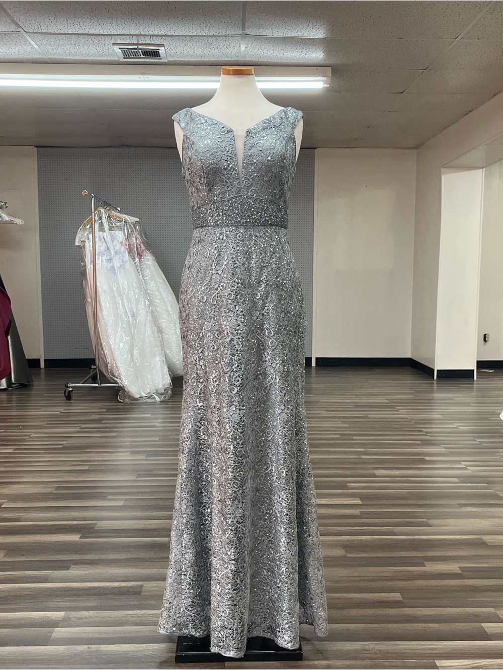 Jasmine Silver Lace Beaded V-Neck Gown
